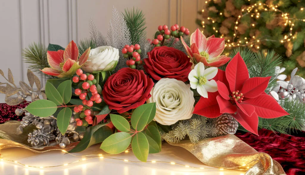 Composizione di fiori di Natale con stelle di Natale, rose, amarillis, elleboro, pino ed eucalipto in stile festivo.