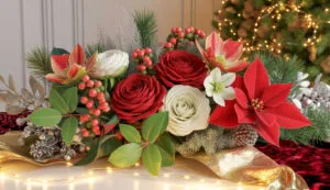 Composizione di fiori di Natale con stelle di Natale, rose, amarillis, elleboro, pino ed eucalipto in stile festivo.