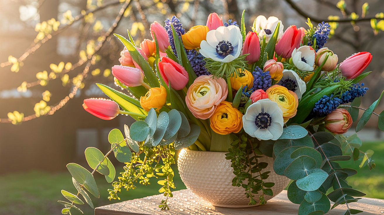 Lussureggiante e abbondante composizione floreale primaverile con tulipani coral, ranuncoli gialli e anemoni baciati dal sole - De Luca Fiori Roma Formello