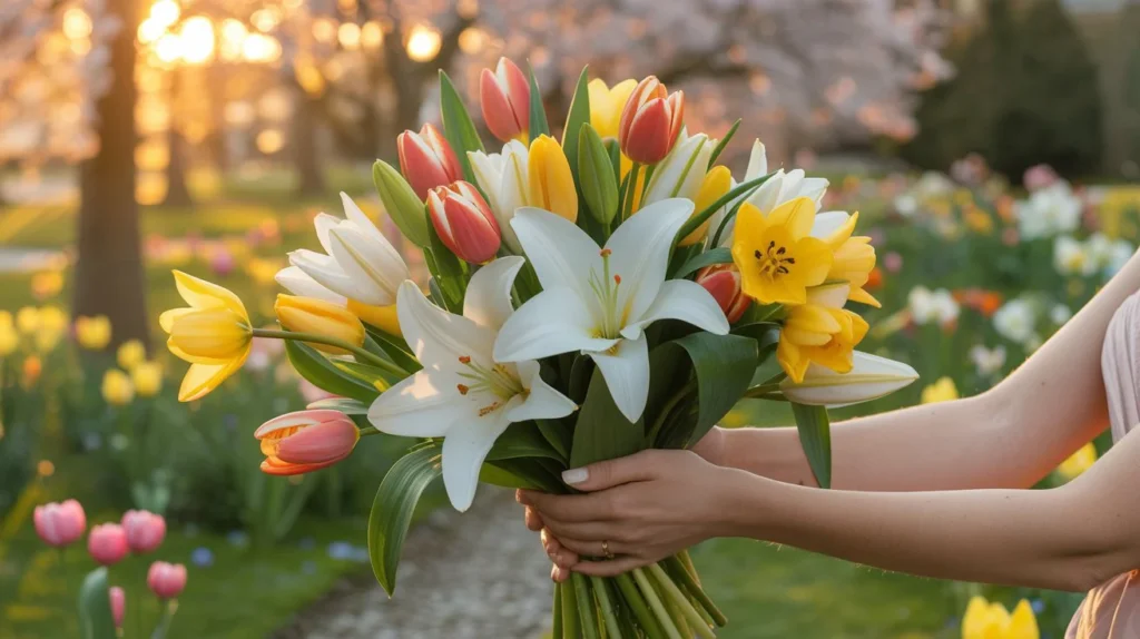 Un bouquet simbolico della Pasqua composto da gigli bianchi (purezza), tulipani (amore) e narcisi (rinascita) tenuto in mano in un giardino fiorito.