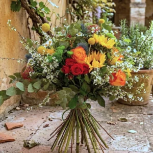 Bouquet Luce del Mattino con girasoli, rose e ranuncoli