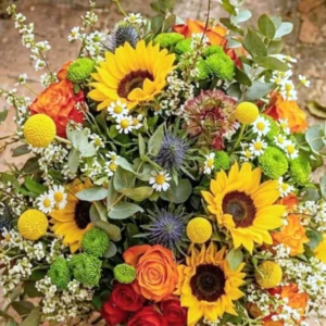 Bouquet Luce del Mattino con girasoli, rose e ranuncoli