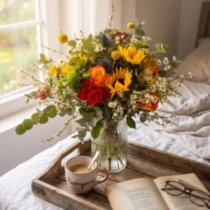 Bouquet Luce del Mattino con girasoli, rose e ranuncoli, idea regalo per la Festa della Mamma.