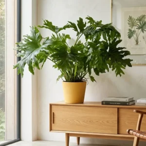Grande pianta di Philodendron bipinnatifidum con foglie verdi lobate monumentali in un salotto luminoso, disponibile per l'acquisto online.