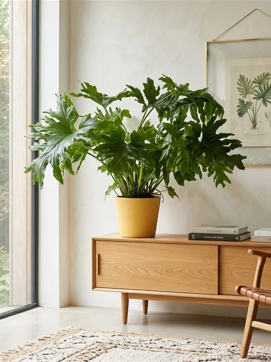 Grande pianta di Philodendron bipinnatifidum con foglie verdi lobate monumentali in un salotto luminoso, disponibile per l'acquisto online.