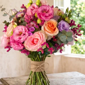 Bouquet Sinfonia Rosa con peonie e lisianthus, legato sul manico con un nastro sottile in tela di sacco e fiocco di spago, su tavolo rustico.