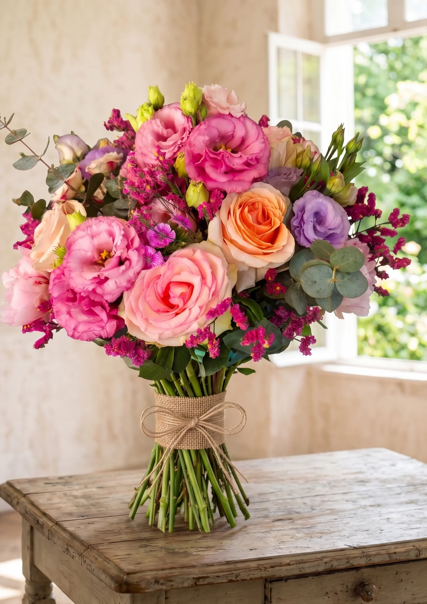 Bouquet Sinfonia Rosa con peonie e lisianthus, legato sul manico con un nastro sottile in tela di sacco e fiocco di spago, su tavolo rustico.