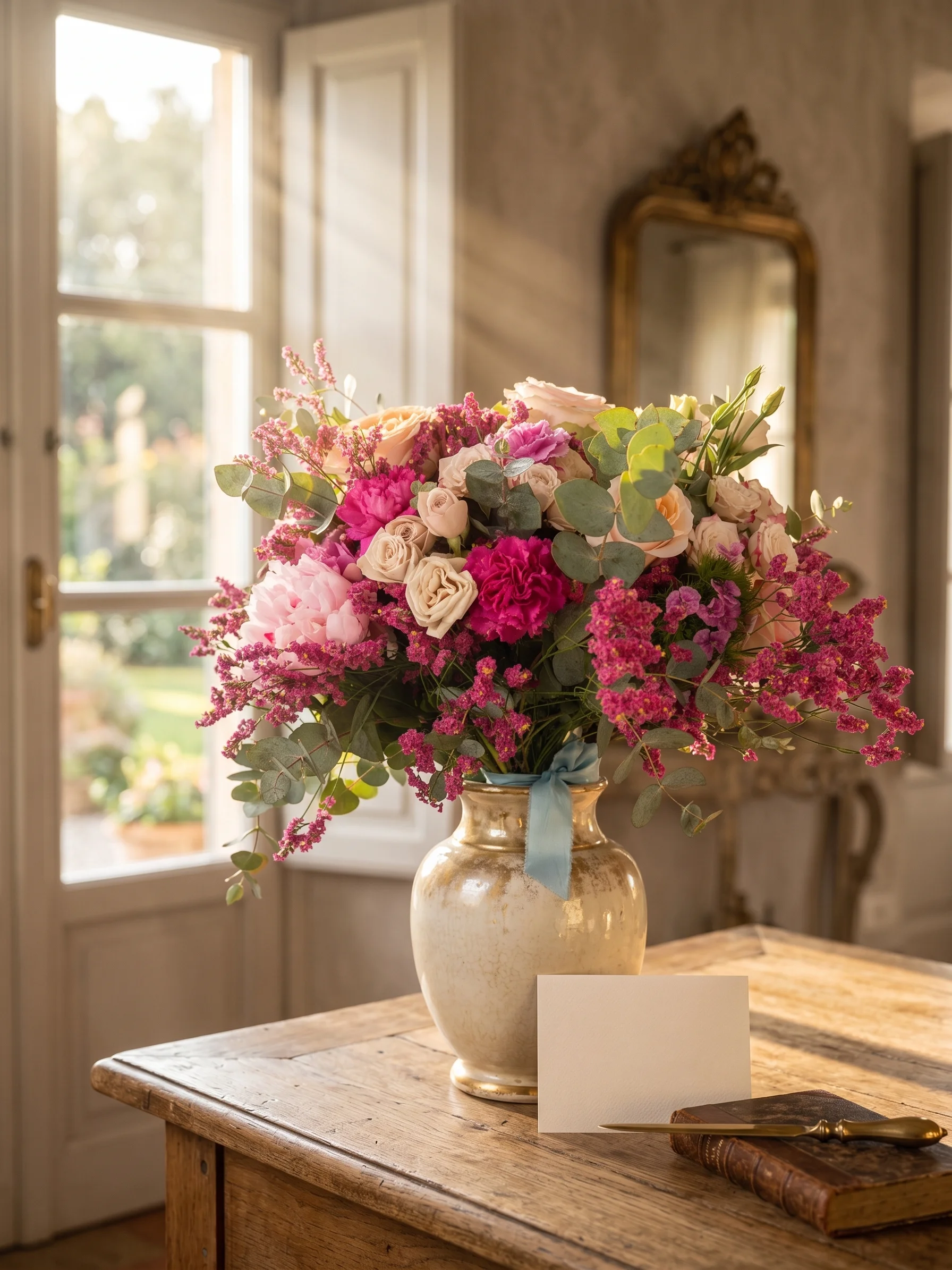 Lussuoso bouquet Sinfonia Rosa con peonie, rose e garofani accesi, illuminato dalla luce del sole su tavolo in legno.