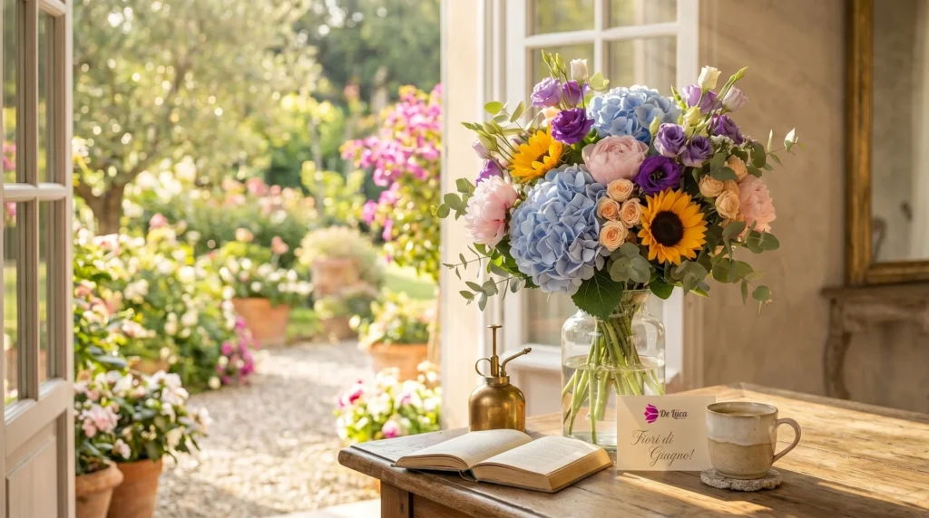 Bouquet estivo con fiori di inizio estate, ortensie azzurre, lisianthus e girasoli su tavolo rustico con cartolina personalizzata Fiori De Luca, sullo sfondo un giardino soleggiato attraverso la finestra aperta.