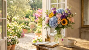 Bouquet estivo con fiori di inizio estate, ortensie azzurre, lisianthus e girasoli su tavolo rustico con cartolina personalizzata Fiori De Luca, sullo sfondo un giardino soleggiato attraverso la finestra aperta.