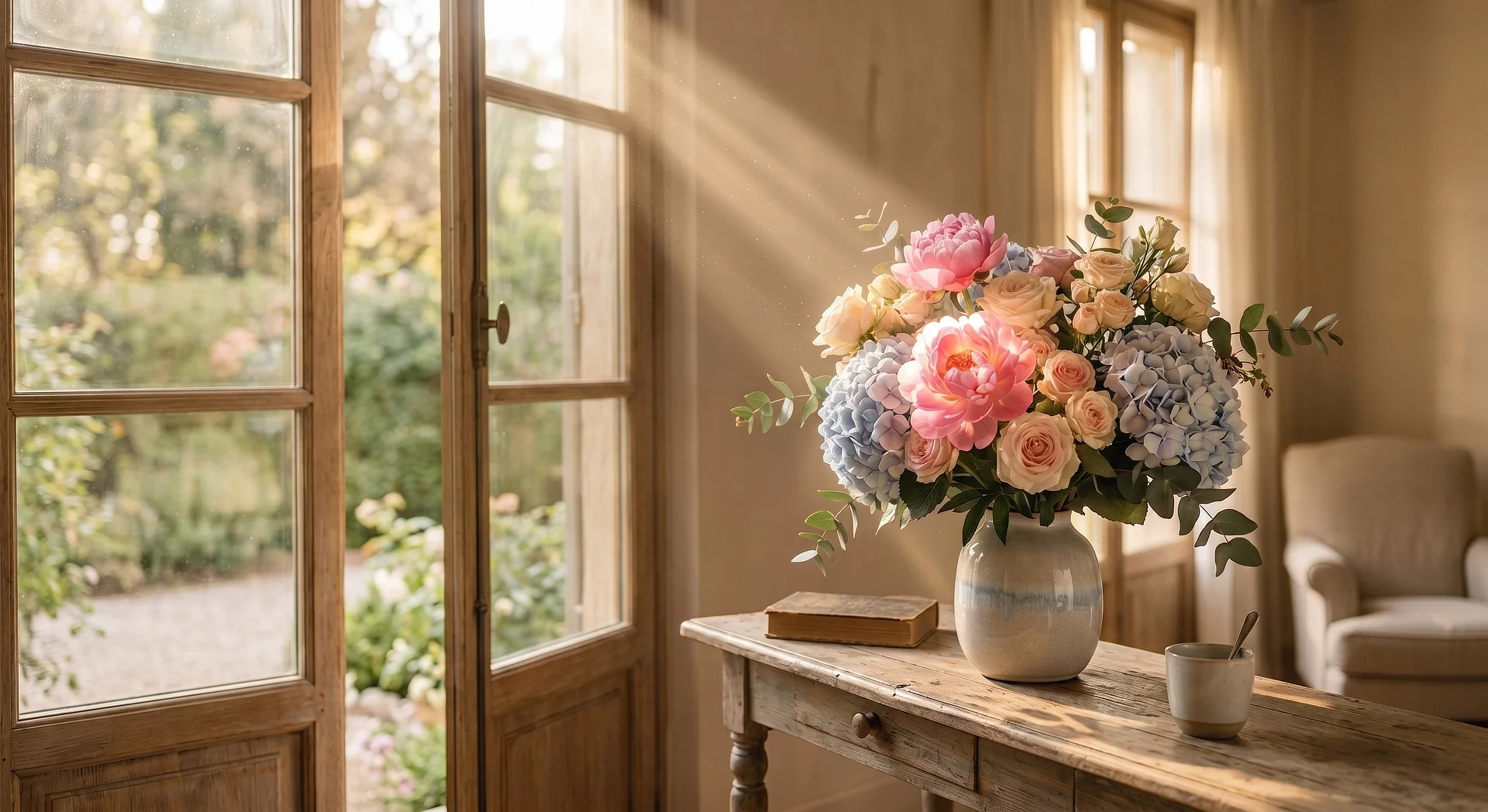 Elegante bouquet di peonie rosa e ortensie azzurre illuminato dalla luce calda del sole di maggio in un interno country chic.
