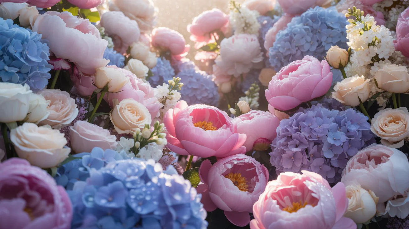 Oceano di peonie, ortensie e rose pastello in un'atmosfera speciale per la Festa della Mamma
