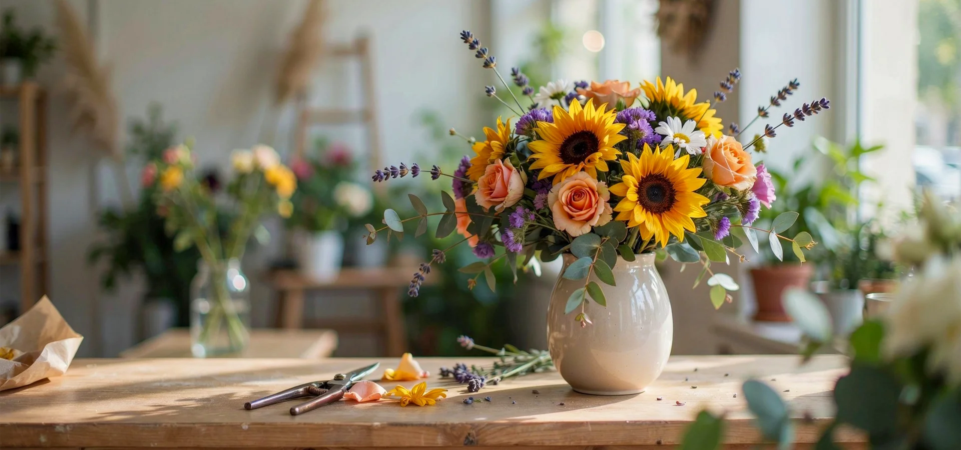 Splendido bouquet di fiori estivi con girasoli e rose - Il Bouquet a Le Rughe - De Luca Fiori