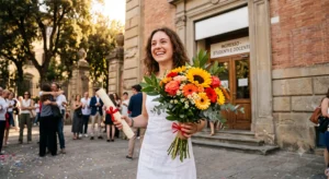 Studentessa con diploma in mano e un bouquet di fiori per l'esame di maturità composto da girasoli, gerbere e rose rosse.