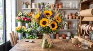Mazzo di girasoli con lavanda fresca, Eucalipto, Spighe di grano e Camomilla. De Luca Fiori Le Rughe Formello