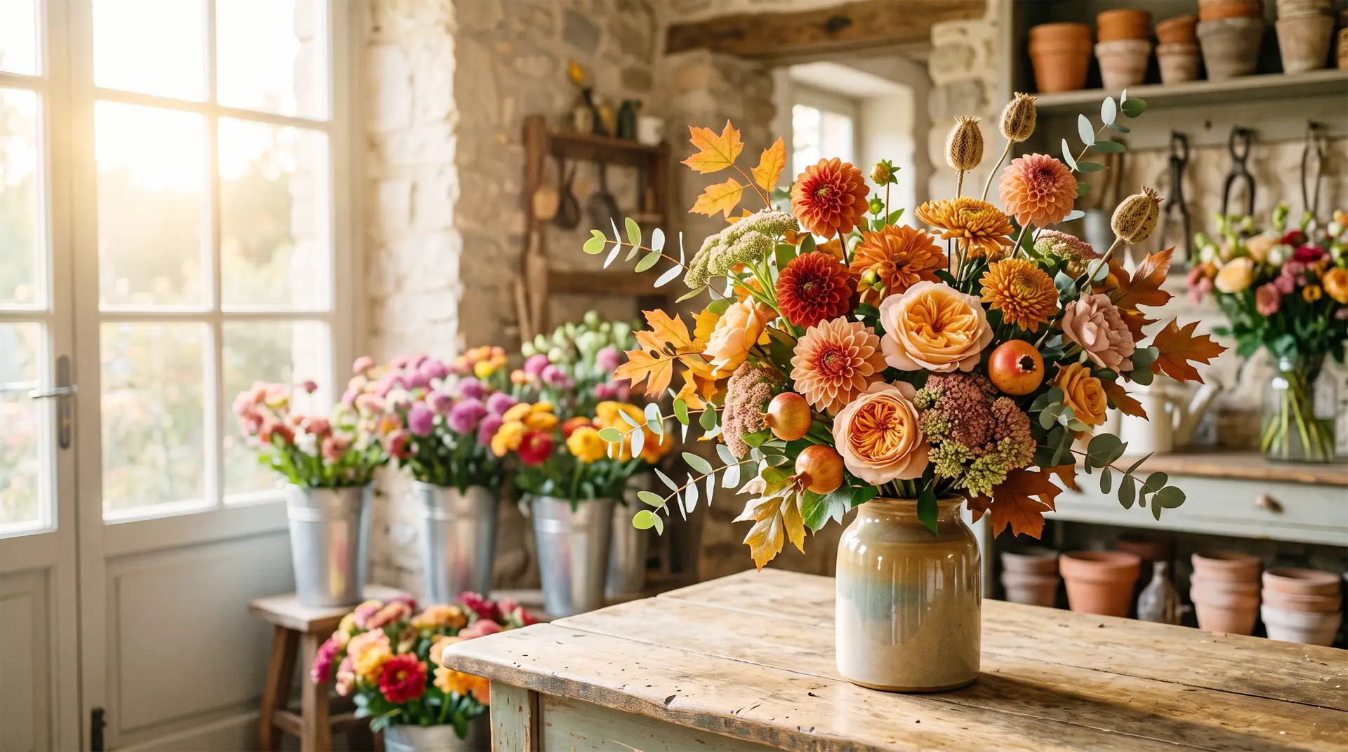 Bouquet di fiori stagionali di settembre con dalie arancioni, rose e bacche in un vaso di ceramica su tavolo in legno - De Luca Fiori.