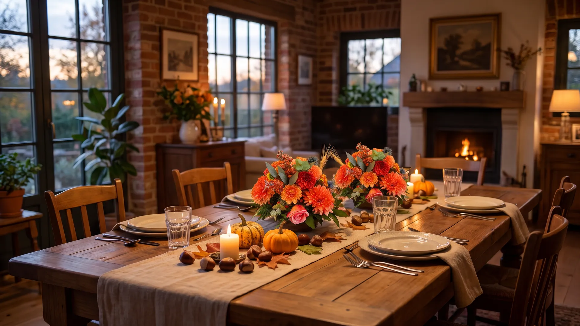 Tavola da pranzo d'autunno apparecchiata con due piccoli centrotavola di dalie arancioni, zucche decorative e candele. De Luca Fiori - Le Rughe - Formello